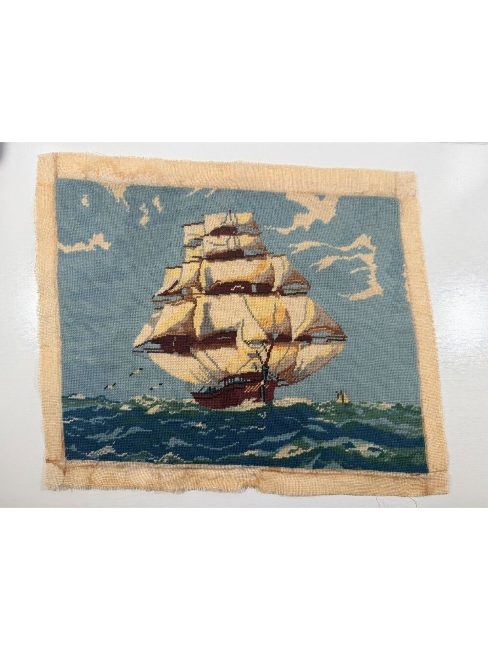 Vintage Nautical Sailing Ship On Open Sea Needlepoint Artwork 15x18" Wall Hangin